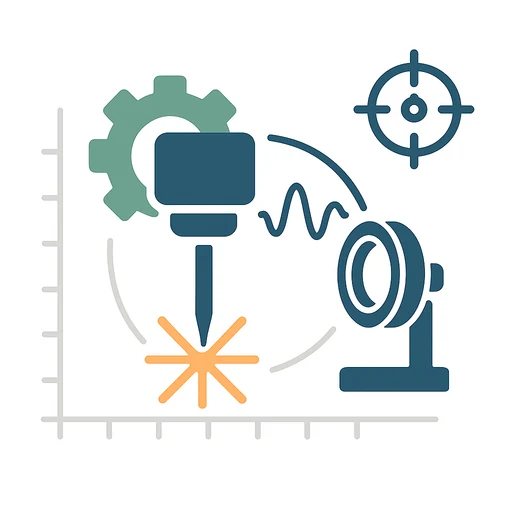 Illustration of precision instrumentation: an optical bench, a laser path, and a measurement readout