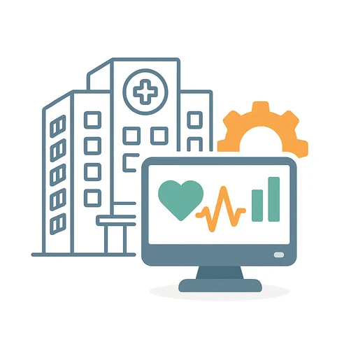 Illustration of connected clinical technology: an imaging console, a patient record, and a secure data link