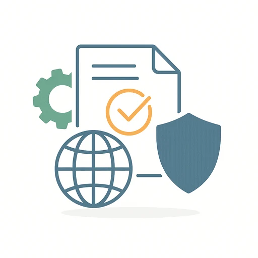 Illustration of trade compliance review: a shipping crate, an engineering drawing, and a classification checklist