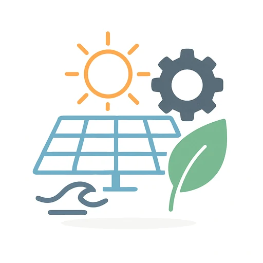 Illustration of a solar plant: photovoltaic arrays, a storage unit, and a grid connection point