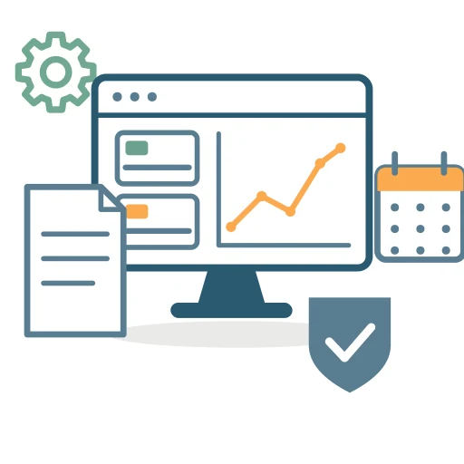 Illustration of a cloud business dashboard linking estimating, scheduling, field data, invoicing, and reporting