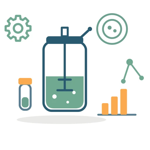 Illustration of bioprocess development: a bioreactor, cultured cells, and an analytical quality chart